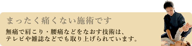 30年続く伝統を持つ療方です。無痛で肩こり・腰痛などをなおす技術は、テレビや雑誌などでも取り上げられています。